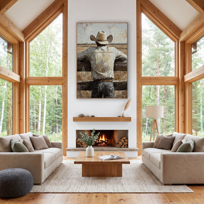 Cowboy Fence Prairie Western Rustic wall art in a rustic western-style room – cowboy in cream hat and white shirt seen