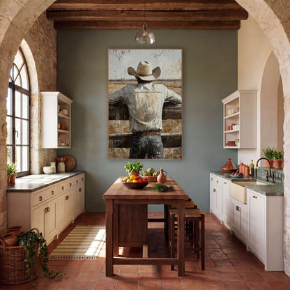 Cowboy Fence Prairie Western Rustic wall art in a rustic western-style room – cowboy in cream hat and white shirt seen
