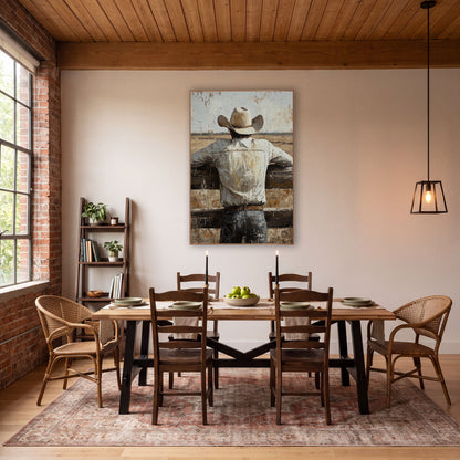 Cowboy Fence Prairie Western Rustic wall art in a rustic western-style room – cowboy in cream hat and white shirt seen