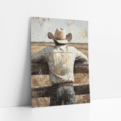 Cowboy Fence Prairie Western Rustic art print leaning against a white wall – cowboy in cream hat and white shirt seen