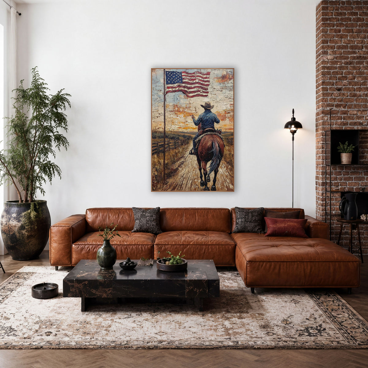 Cowboy and American Flag Western wall art in a rustic western-style room – cowboy in blue shirt and brown hat on a bay