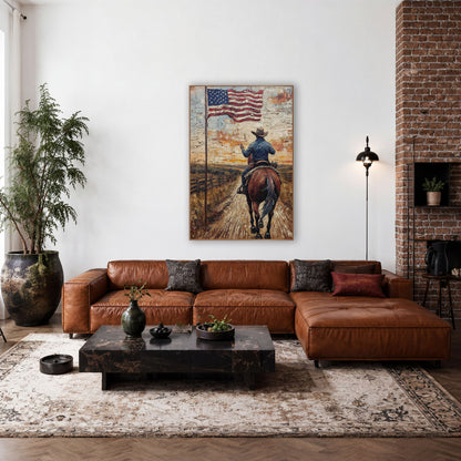 Cowboy and American Flag Western wall art in a rustic western-style room – cowboy in blue shirt and brown hat on a bay