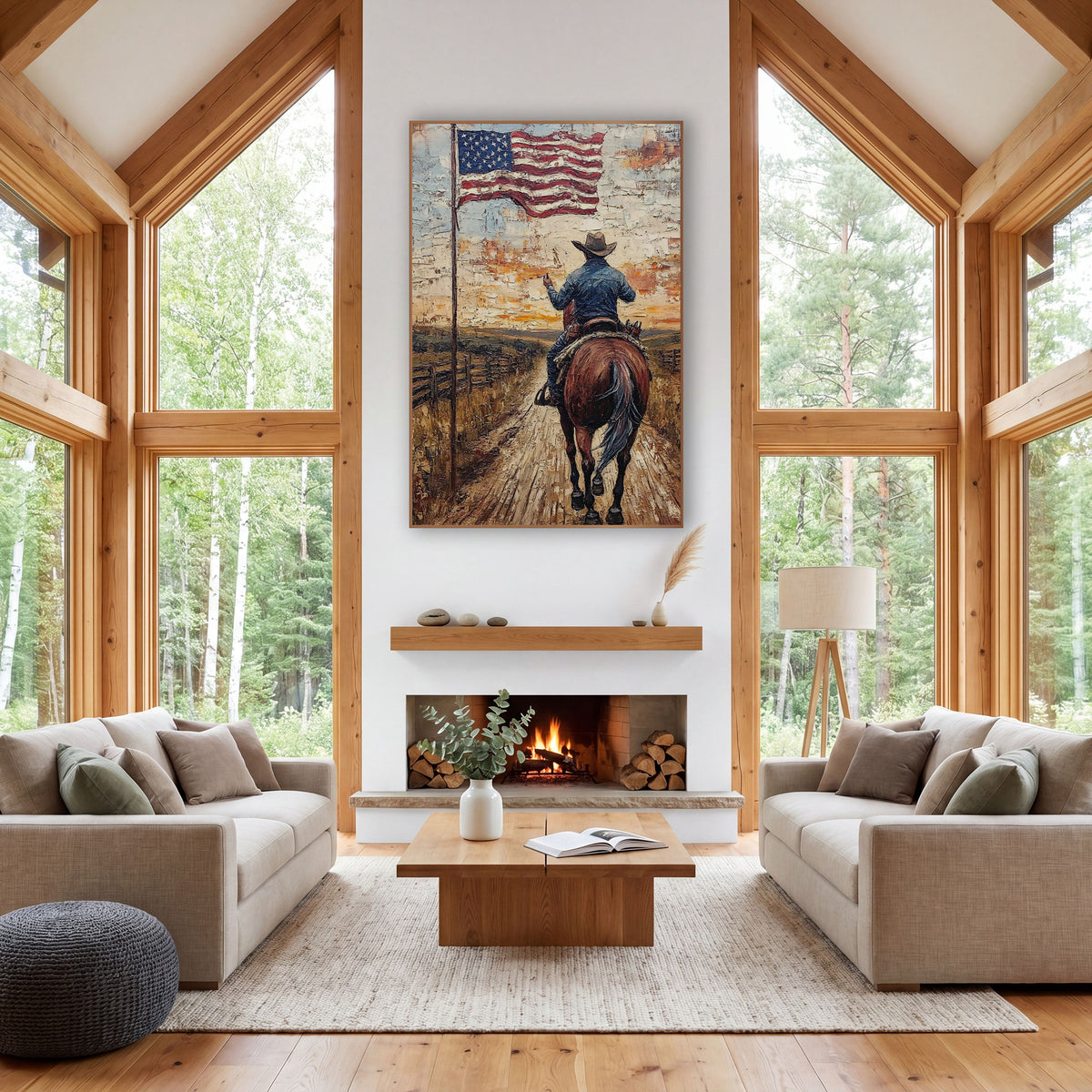 Cowboy and American Flag Western wall art in a rustic western-style room – cowboy in blue shirt and brown hat on a bay