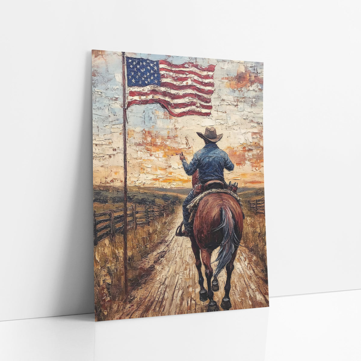 Cowboy and American Flag Western art print leaning against a white wall – cowboy in blue shirt and brown hat on a bay horse