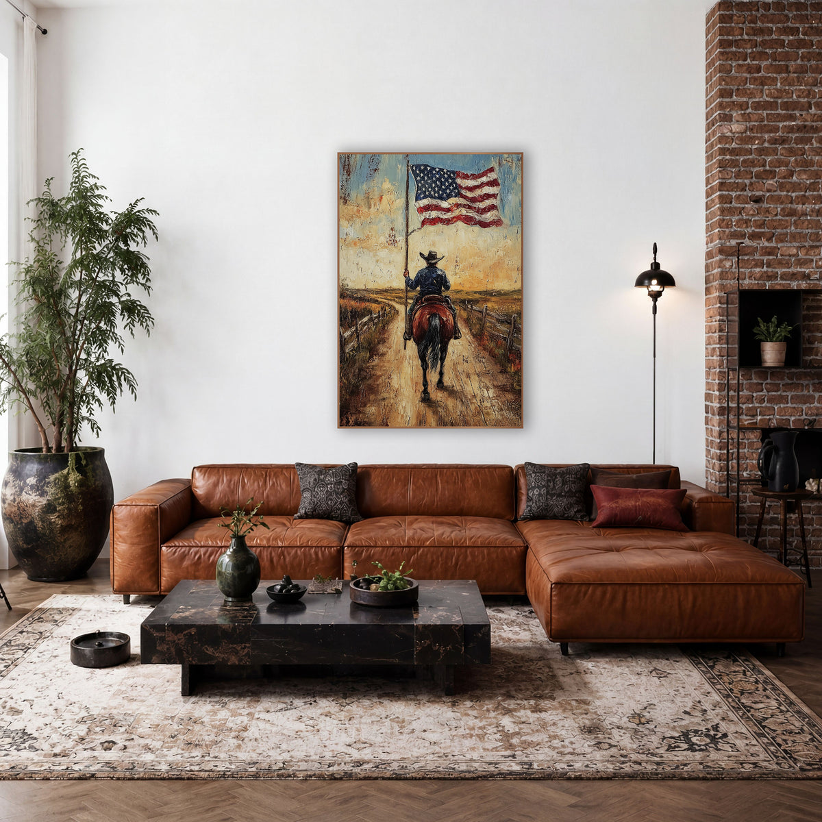 Cowboy Riding With American Flag wall art in a rustic western-style room – cowboy in a hat on a bay horse seen