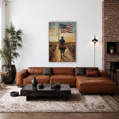 Cowboy Riding With American Flag wall art in a rustic western-style room – cowboy in a hat on a bay horse seen