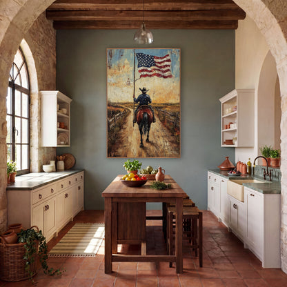 Cowboy Riding With American Flag wall art in a rustic western-style room – cowboy in a hat on a bay horse seen