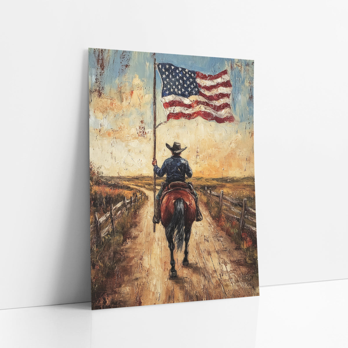 Cowboy Riding With American Flag art print leaning against a white wall – cowboy in a hat on a bay horse seen from behind