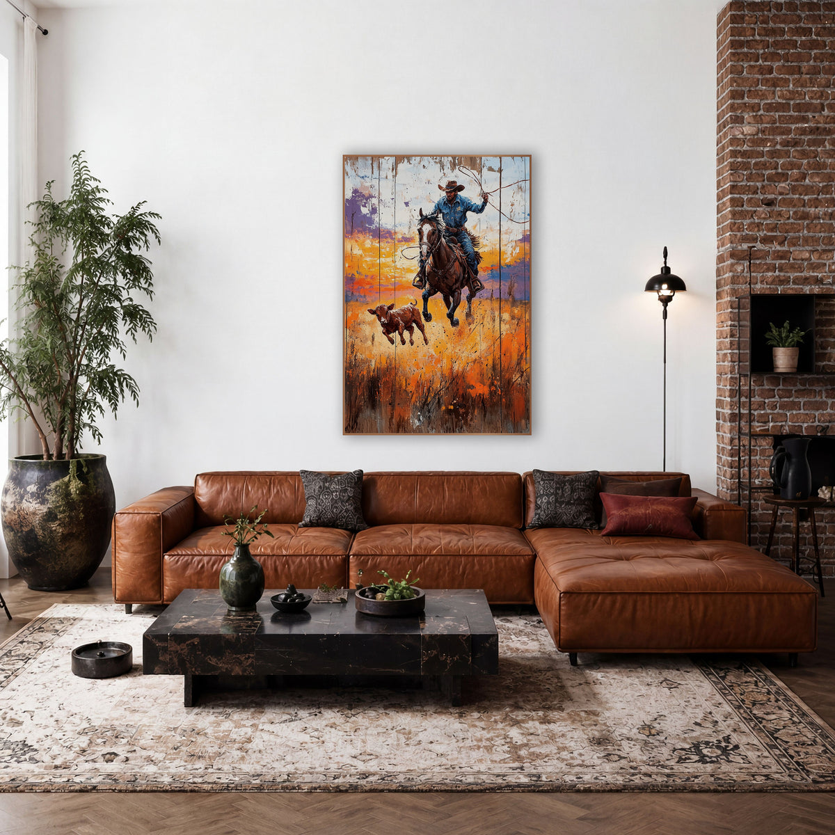 Cowboy Lasso Ranch Western Rustic wall art in a rustic western-style room – cowboy on a galloping horse swinging