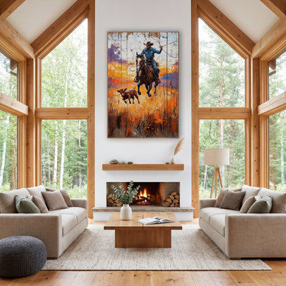 Cowboy Lasso Ranch Western Rustic wall art in a rustic western-style room – cowboy on a galloping horse swinging