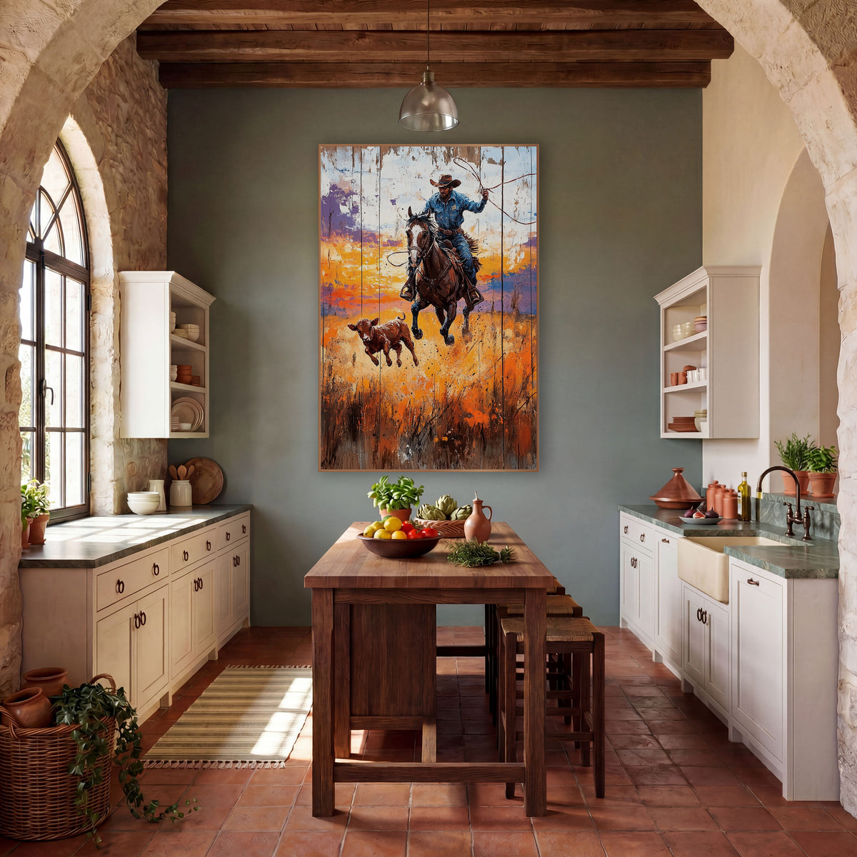Cowboy Lasso Ranch Western Rustic wall art in a rustic western-style room – cowboy on a galloping horse swinging