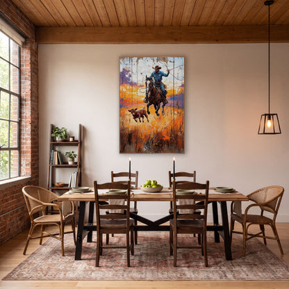 Cowboy Lasso Ranch Western Rustic wall art in a rustic western-style room – cowboy on a galloping horse swinging