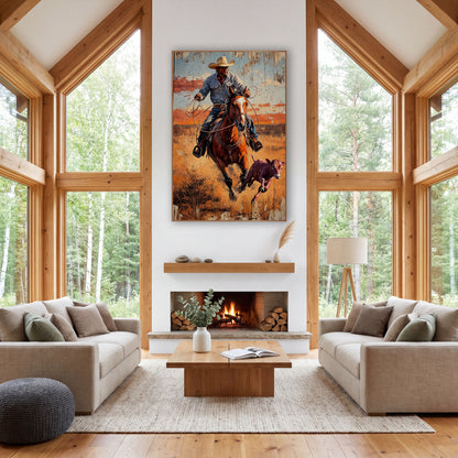 Frontal Rodeo Rider Rustic Western wall art in a rustic western-style room – cowboy in a tan hat riding a chestnut