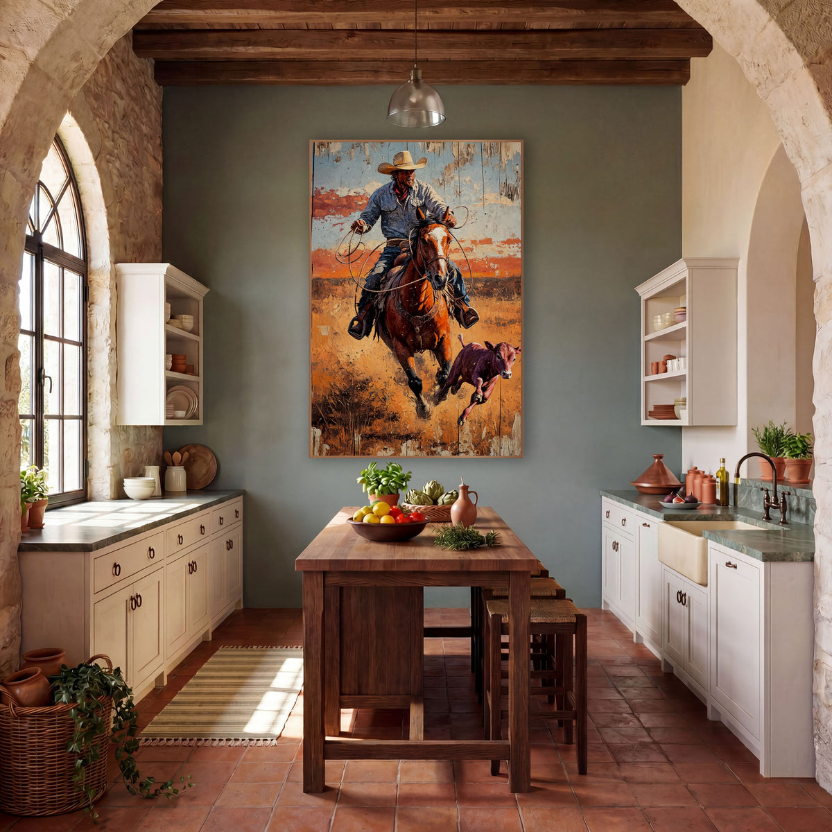 Frontal Rodeo Rider Rustic Western wall art in a rustic western-style room – cowboy in a tan hat riding a chestnut