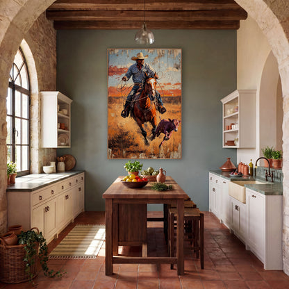 Frontal Rodeo Rider Rustic Western wall art in a rustic western-style room – cowboy in a tan hat riding a chestnut