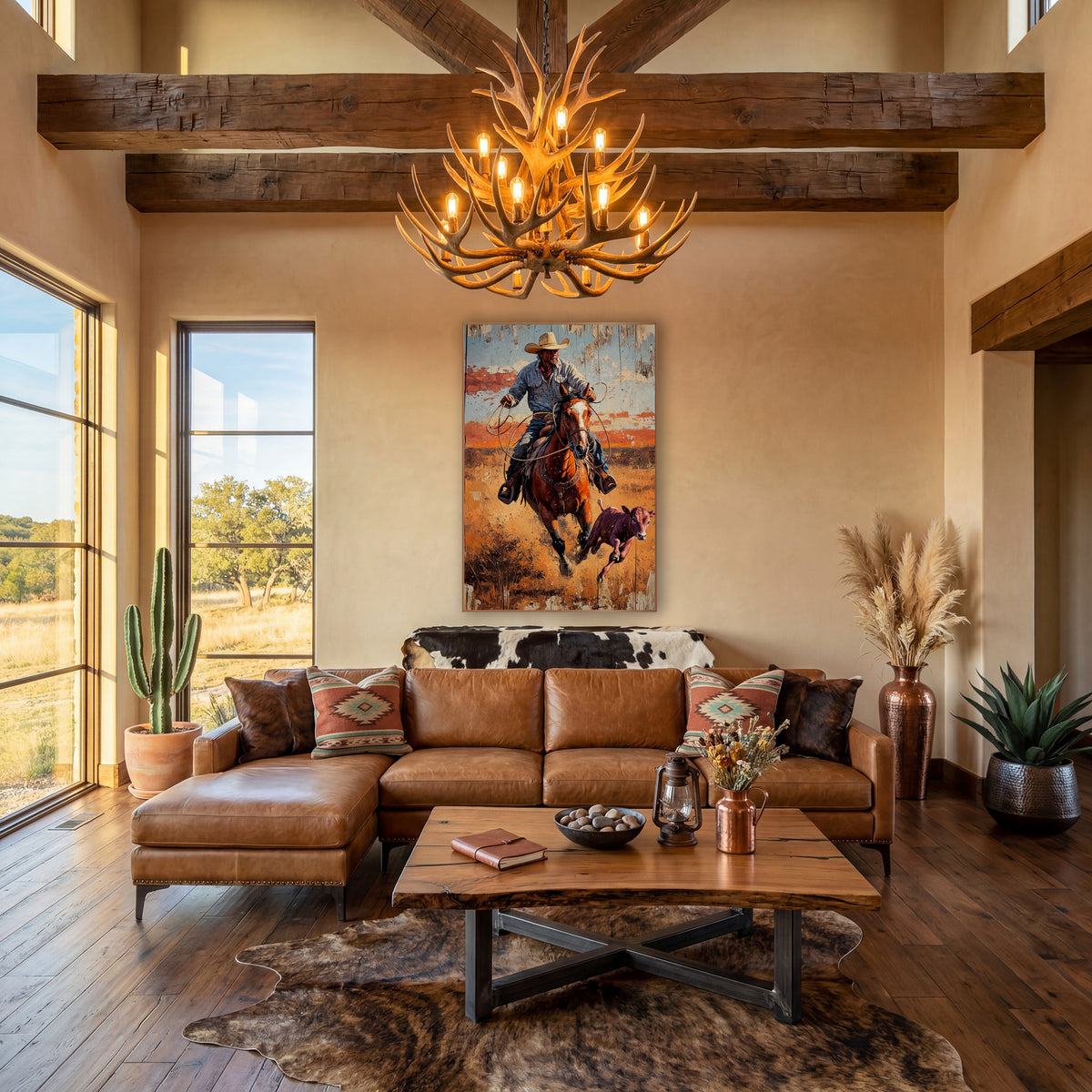 Frontal Rodeo Rider Rustic Western wall art in a rustic western-style room – cowboy in a tan hat riding a chestnut