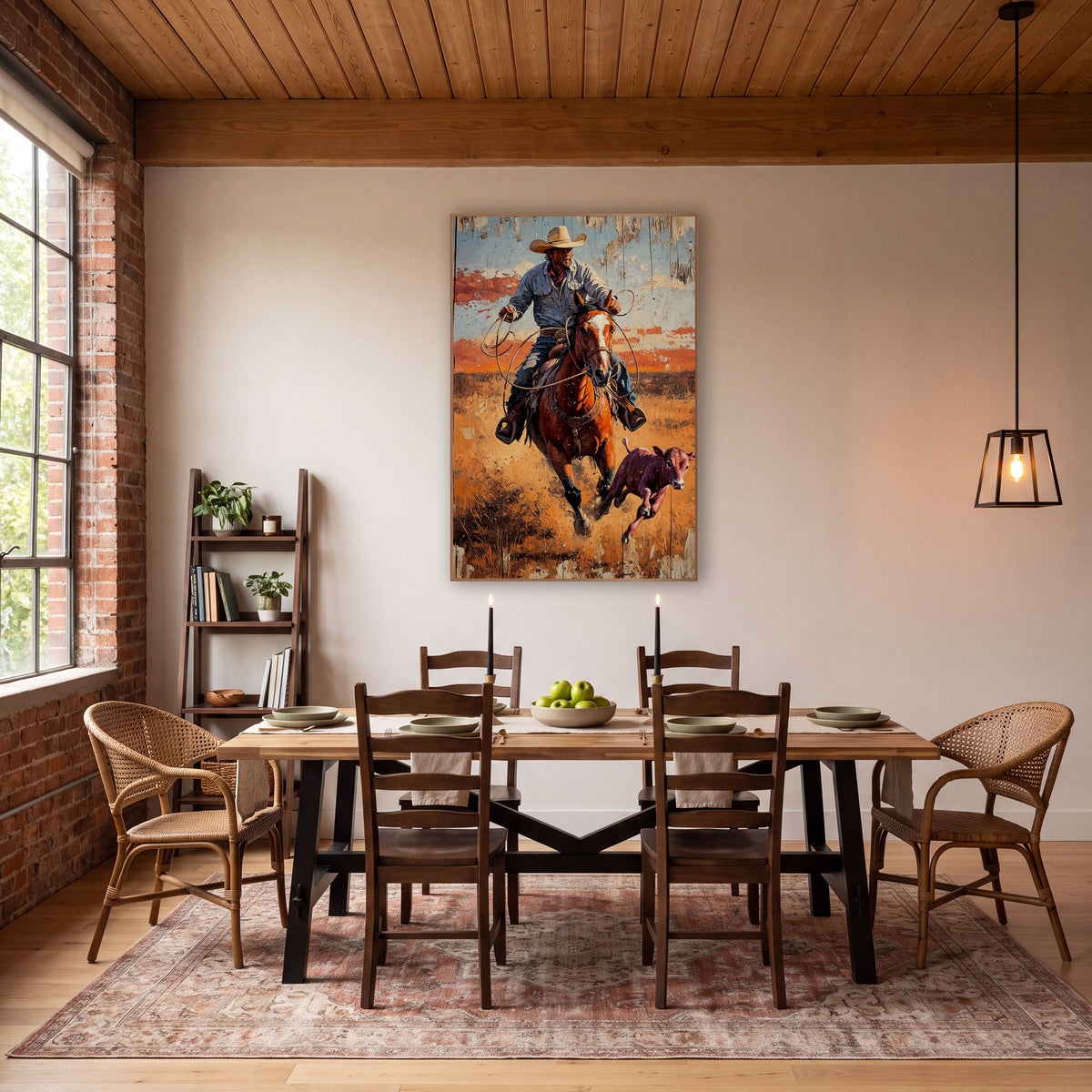 Frontal Rodeo Rider Rustic Western wall art in a rustic western-style room – cowboy in a tan hat riding a chestnut