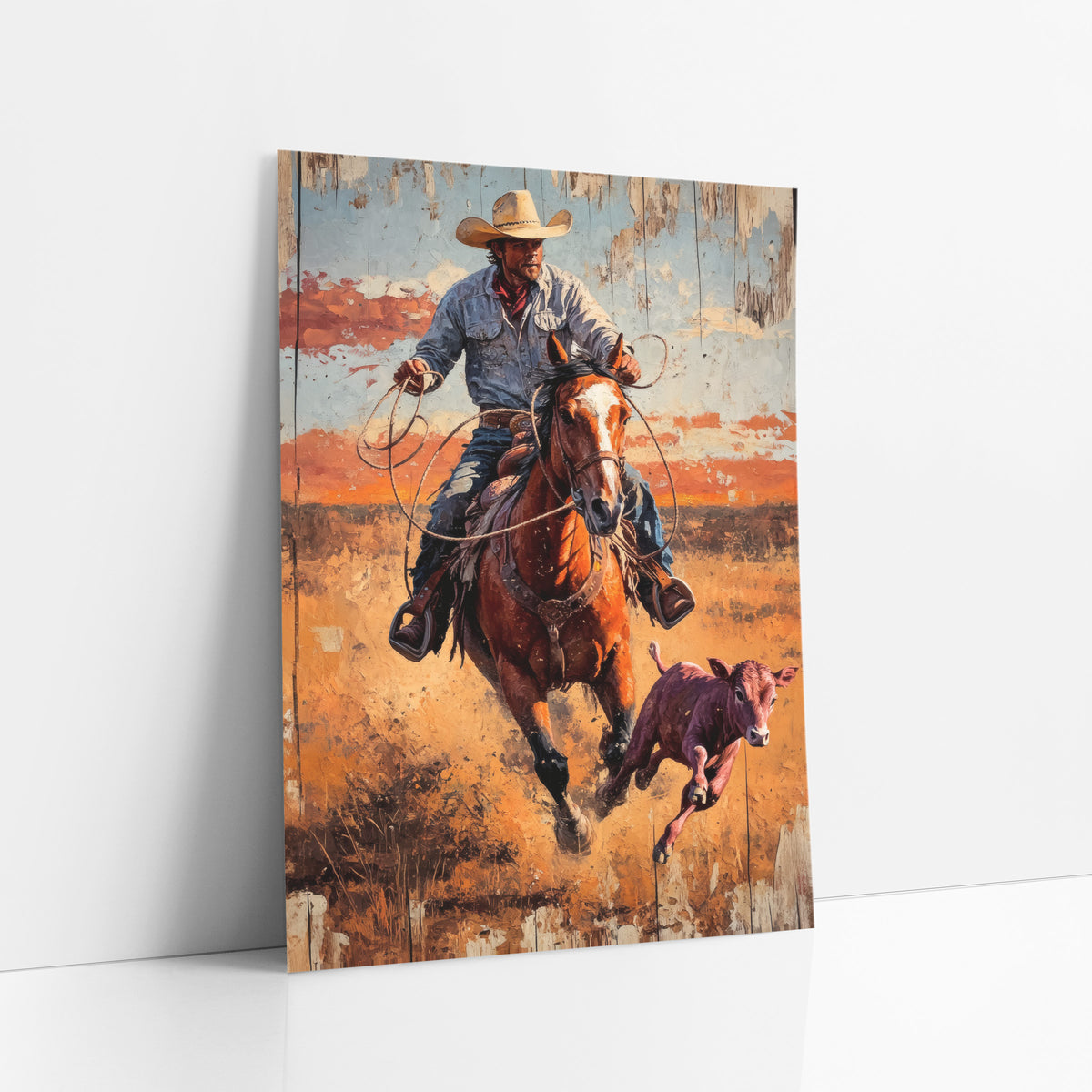 Frontal Rodeo Rider Rustic Western art print leaning against a white wall – cowboy in a tan hat riding a chestnut horse