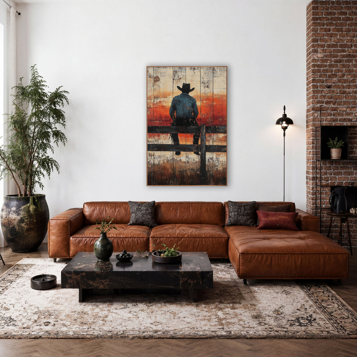 Cowboy Fence Rail Western Rustic wall art in a rustic western-style room – cowboy in black hat and blue shirt seen