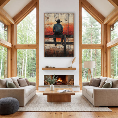Cowboy Fence Rail Western Rustic wall art in a rustic western-style room – cowboy in black hat and blue shirt seen