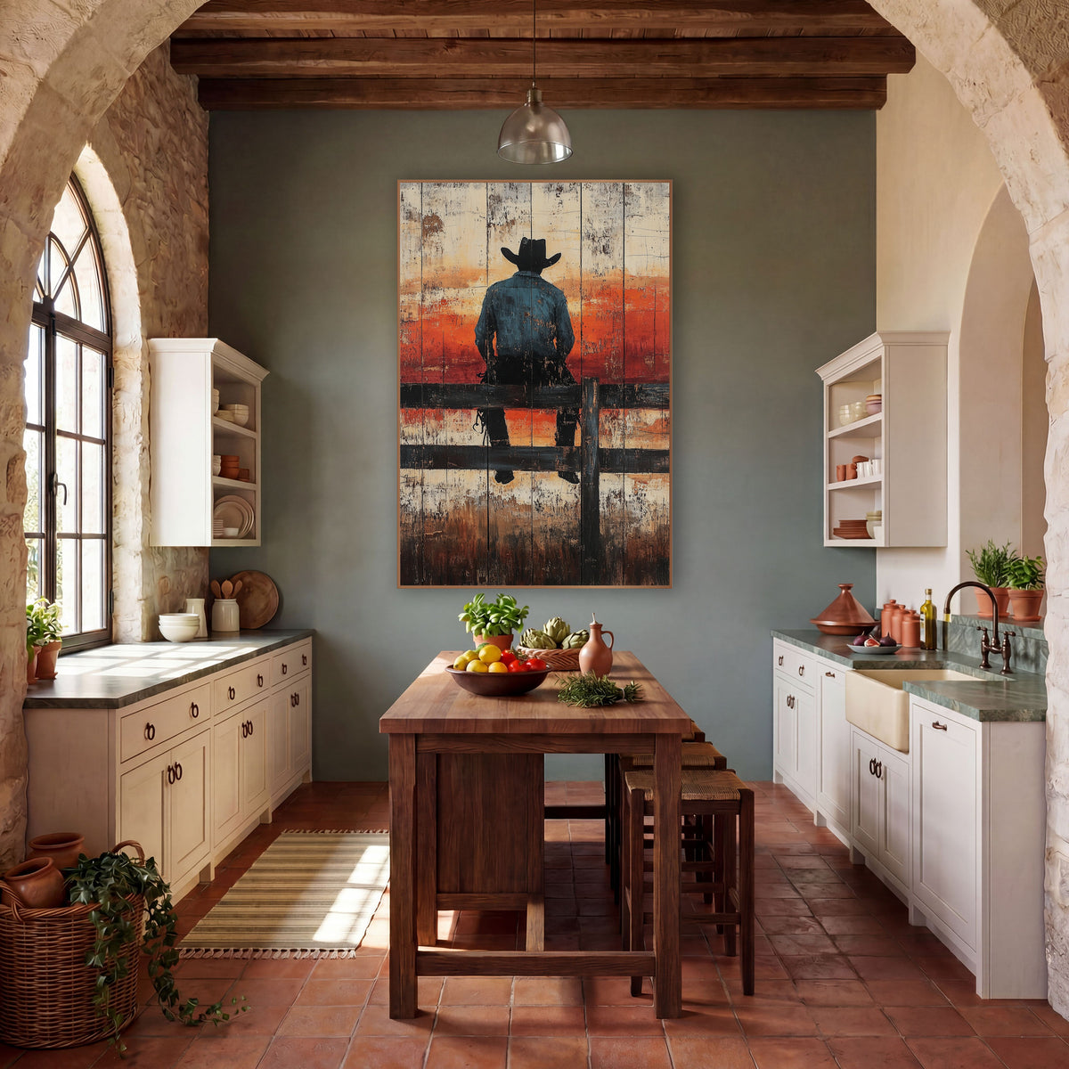 Cowboy Fence Rail Western Rustic wall art in a rustic western-style room – cowboy in black hat and blue shirt seen