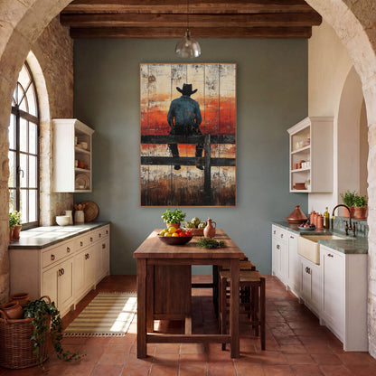 Cowboy Fence Rail Western Rustic wall art in a rustic western-style room – cowboy in black hat and blue shirt seen