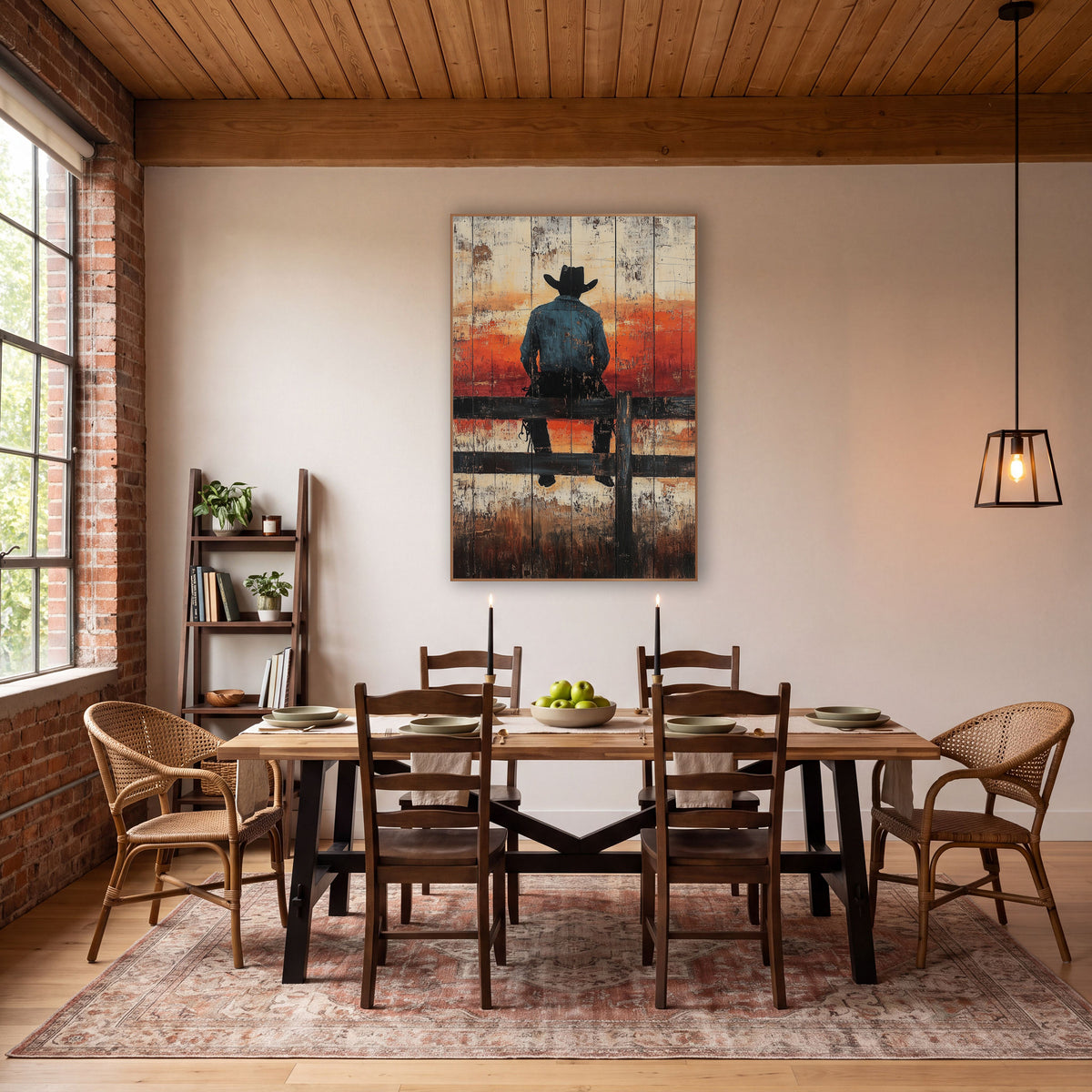 Cowboy Fence Rail Western Rustic wall art in a rustic western-style room – cowboy in black hat and blue shirt seen