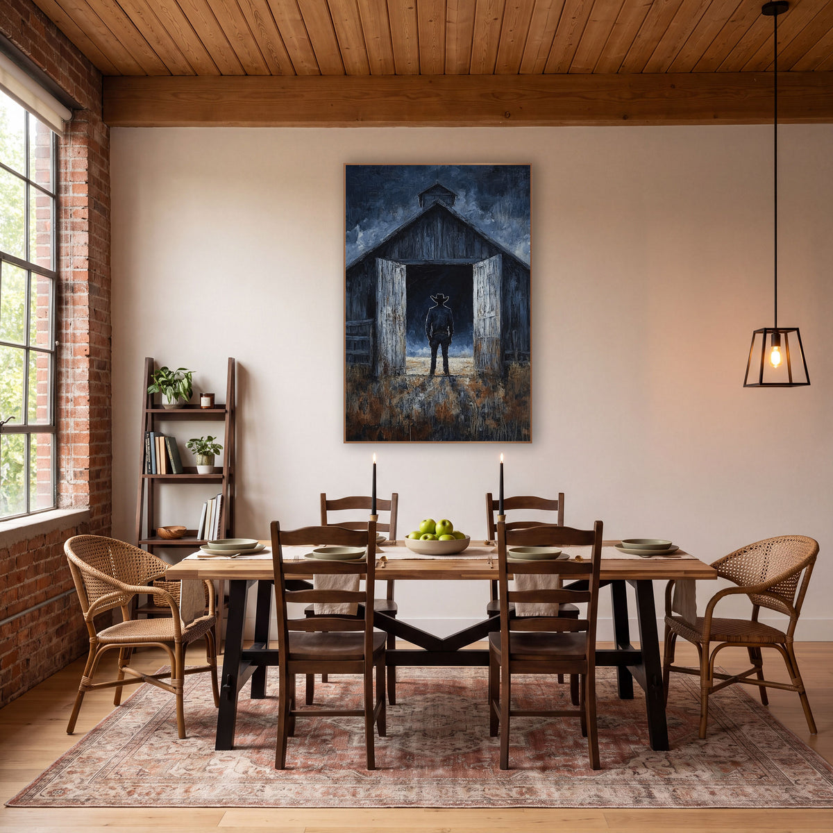 Cowboy in Barn Doorway Western wall art in a rustic western-style room – cowboy silhouette standing in open doors
