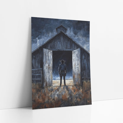 Cowboy in Barn Doorway Western art print leaning against a white wall – cowboy silhouette standing in open doors