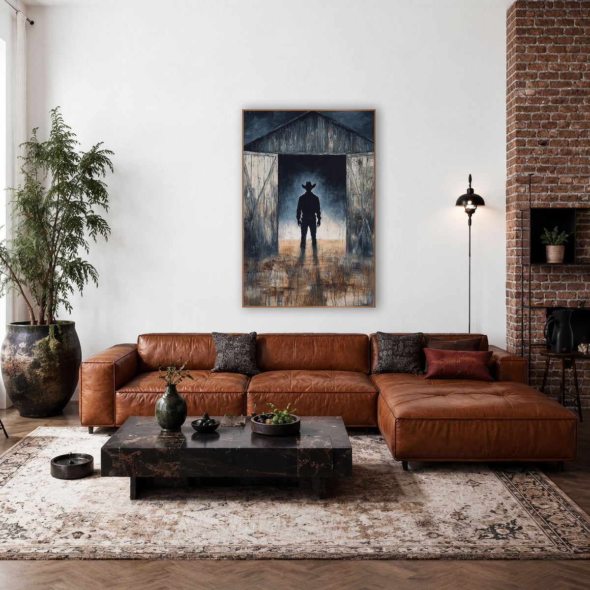 Cowboy Silhouette Barn Doorway Western wall art in a rustic western-style room – silhouette of a cowboy