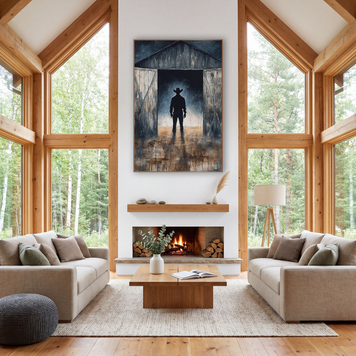 Cowboy Silhouette Barn Doorway Western wall art in a rustic western-style room – silhouette of a cowboy