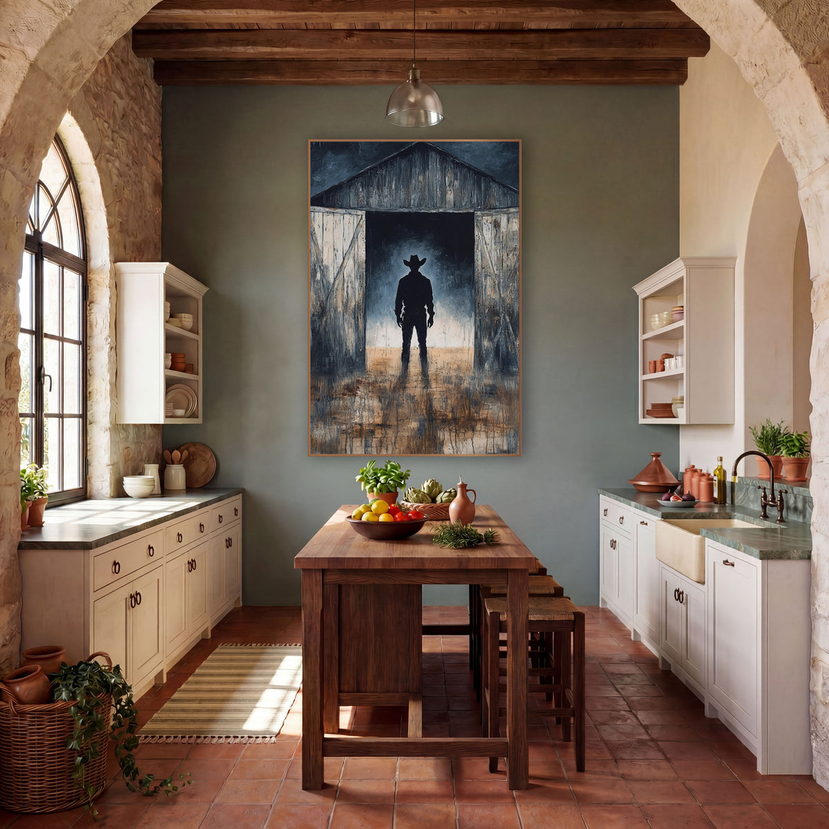 Cowboy Silhouette Barn Doorway Western wall art in a rustic western-style room – silhouette of a cowboy