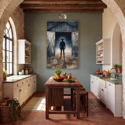 Cowboy Silhouette Barn Doorway Western wall art in a rustic western-style room – silhouette of a cowboy