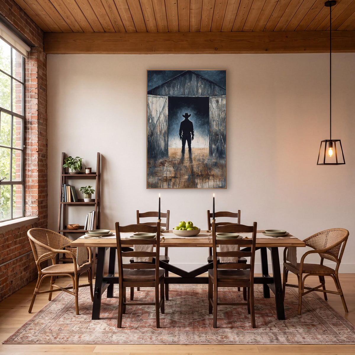 Cowboy Silhouette Barn Doorway Western wall art in a rustic western-style room – silhouette of a cowboy