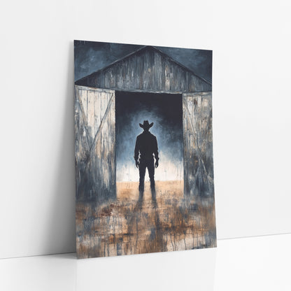 Cowboy Silhouette Barn Doorway Western art print leaning against a white wall – silhouette of a cowboy in a wide-brimmed hat