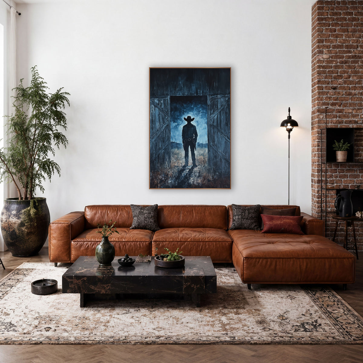 Moonlit Gunslinger Barn Doors Painterly wall art in a rustic western-style room – cowboy silhouette in a wide-brimmed