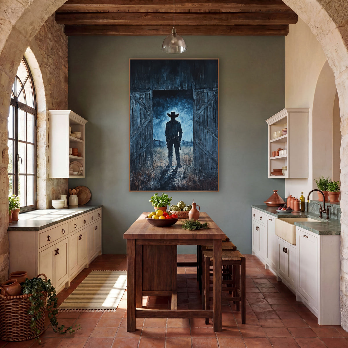 Moonlit Gunslinger Barn Doors Painterly wall art in a rustic western-style room – cowboy silhouette in a wide-brimmed