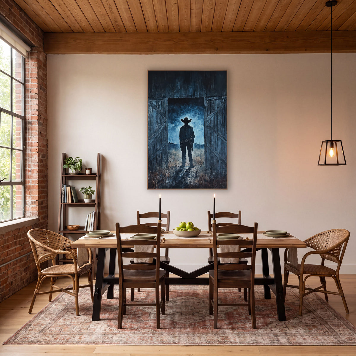 Moonlit Gunslinger Barn Doors Painterly wall art in a rustic western-style room – cowboy silhouette in a wide-brimmed