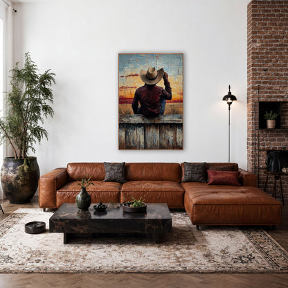 Cowboy Hat Tip Sunset Rustic wall art in a rustic western-style room – cowboy in tan hat and maroon shirt sitting