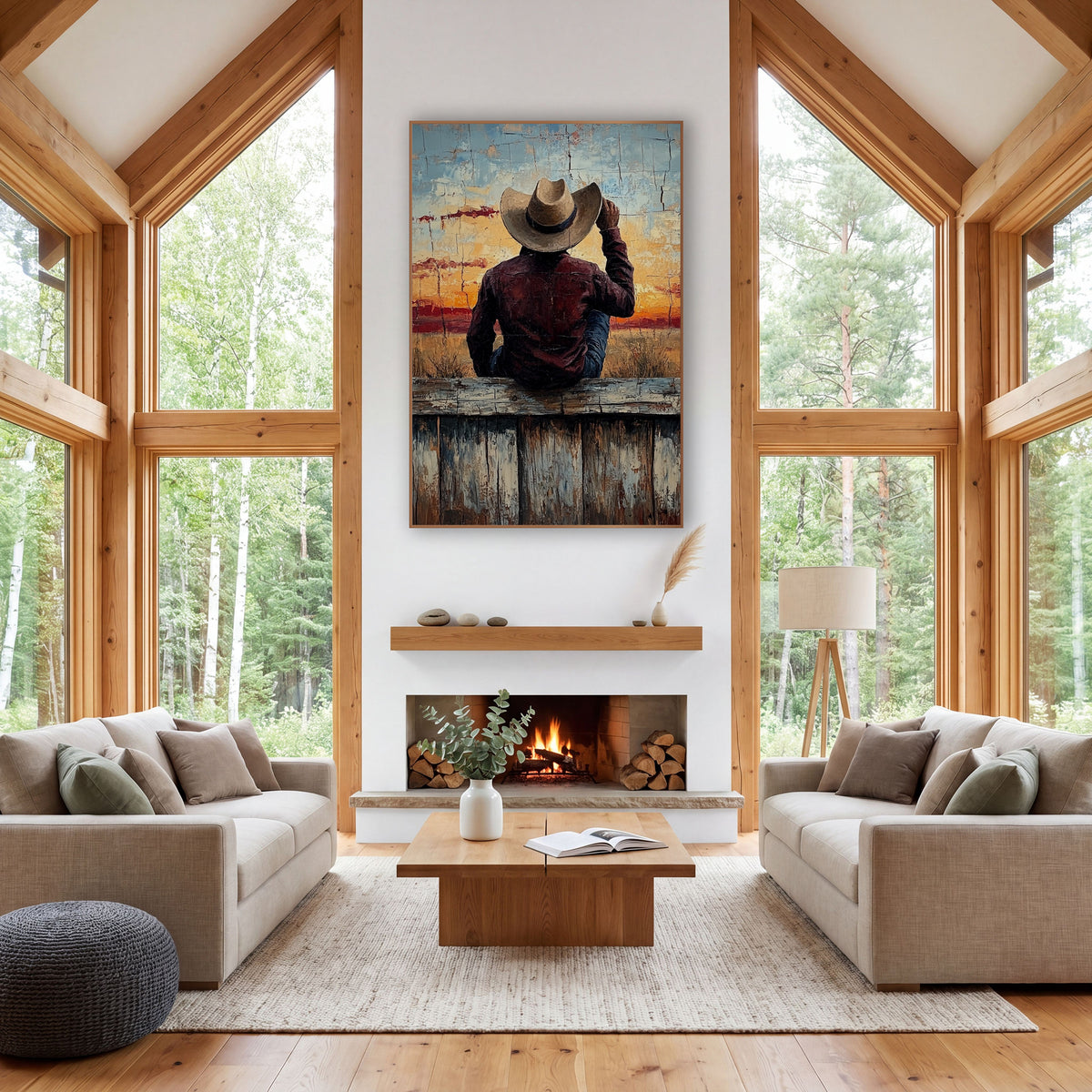 Cowboy Hat Tip Sunset Rustic wall art in a rustic western-style room – cowboy in tan hat and maroon shirt sitting