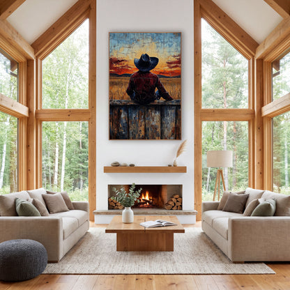 Cowboy Seated Wheatfield Glow Western wall art in a rustic western-style room – cowboy in dark hat and burgundy jacket