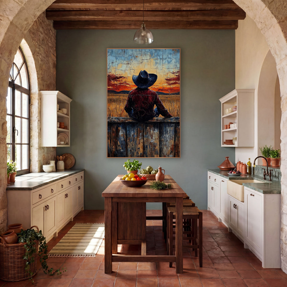 Cowboy Seated Wheatfield Glow Western wall art in a rustic western-style room – cowboy in dark hat and burgundy jacket