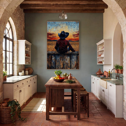 Cowboy Seated Wheatfield Glow Western wall art in a rustic western-style room – cowboy in dark hat and burgundy jacket