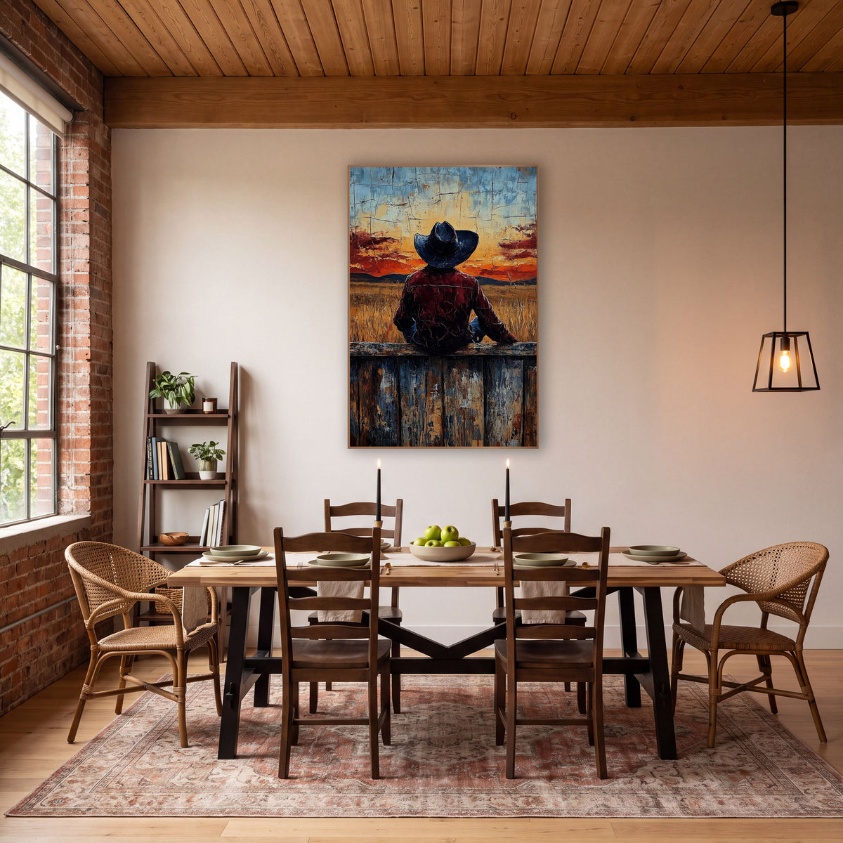 Cowboy Seated Wheatfield Glow Western wall art in a rustic western-style room – cowboy in dark hat and burgundy jacket