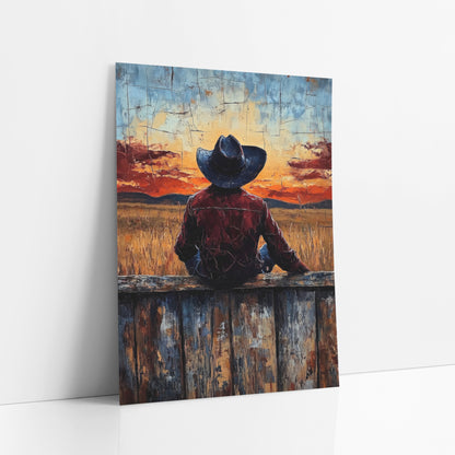 Cowboy Seated Wheatfield Glow Western art print leaning against a white wall – cowboy in dark hat and burgundy jacket seen