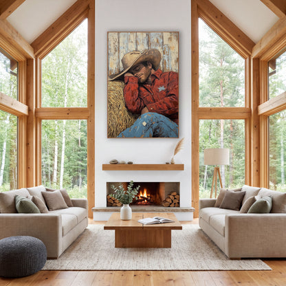 Sleeping Cowboy Hay Bale Western wall art in a rustic western-style room – cowboy in tan hat and red shirt asleep