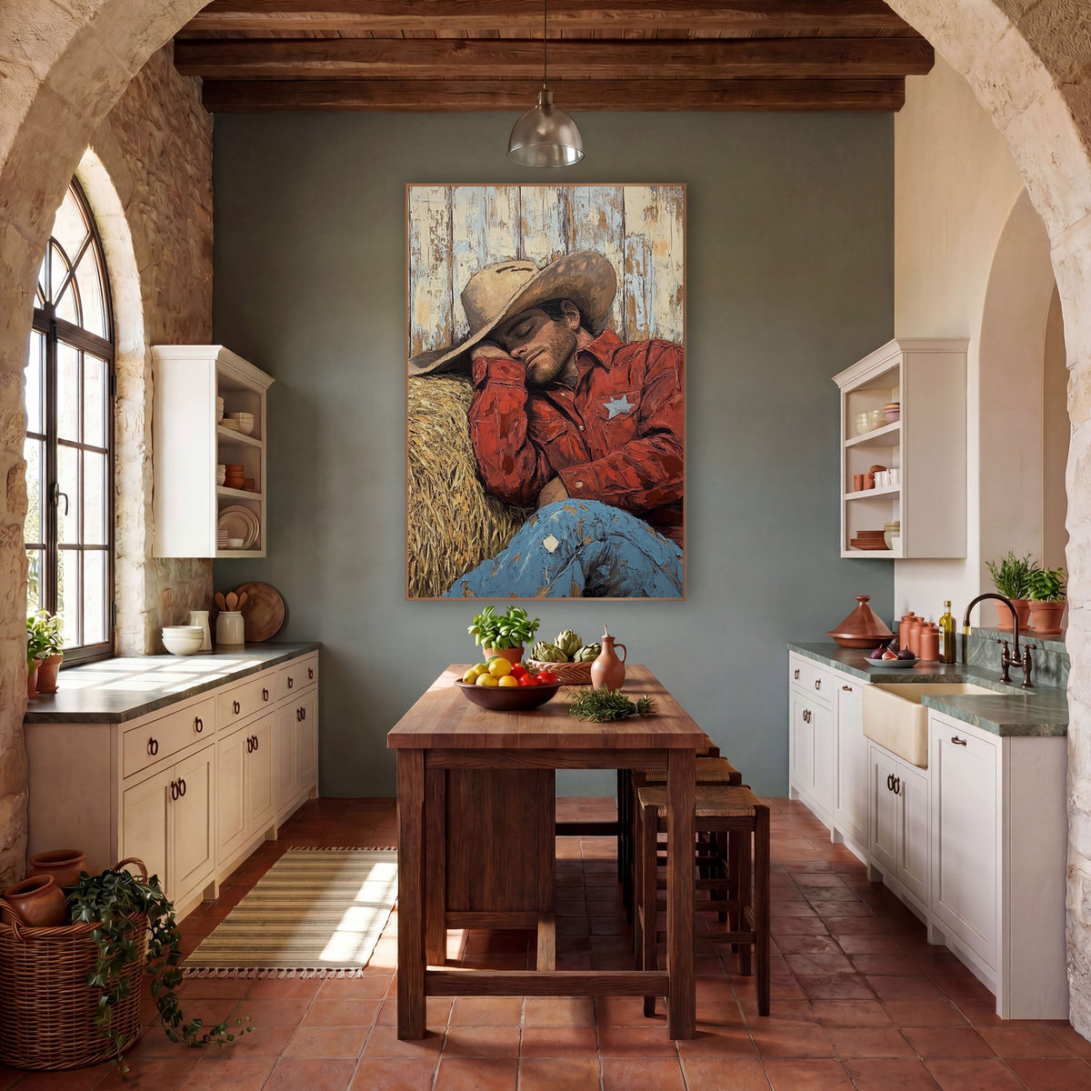 Sleeping Cowboy Hay Bale Western wall art in a rustic western-style room – cowboy in tan hat and red shirt asleep