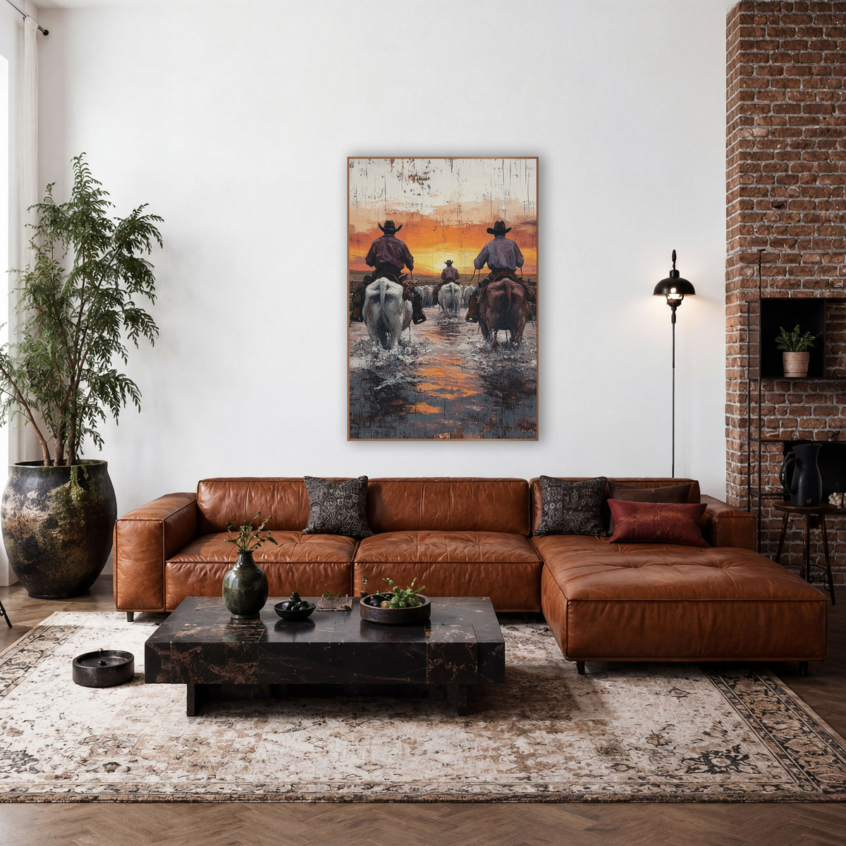 Cowboys Crossing Sunset Western wall art in a rustic western-style room – three cowboys on white and brown horses