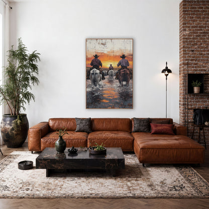 Cowboys Crossing Sunset Western wall art in a rustic western-style room – three cowboys on white and brown horses
