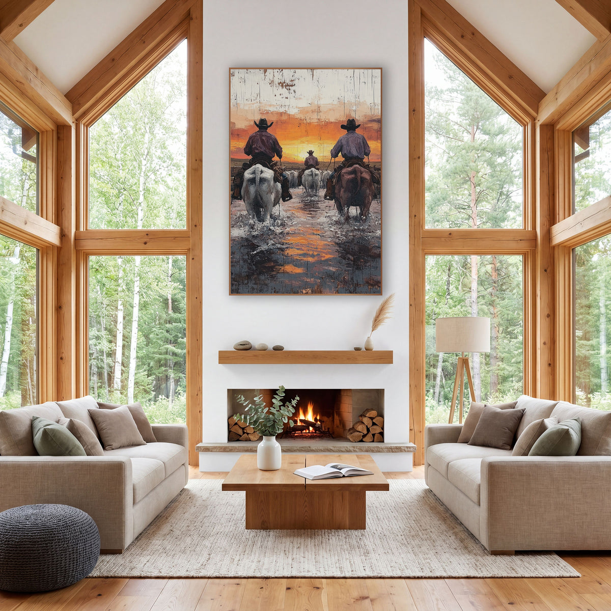 Cowboys Crossing Sunset Western wall art in a rustic western-style room – three cowboys on white and brown horses